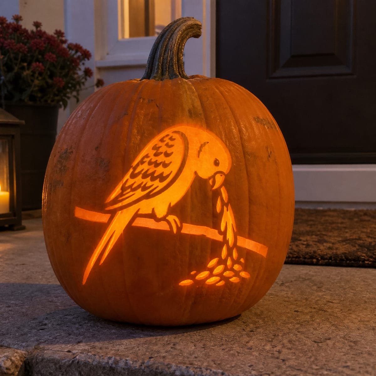 Parakeet on a Perch Glowing Pumpkin Cutout