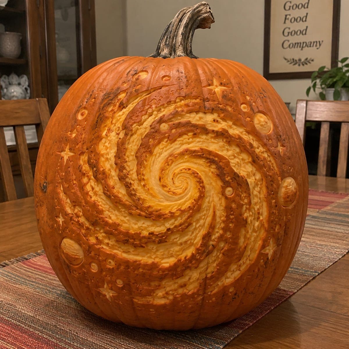 Spiral Galaxy Etched Pumpkin with Planets and Stars