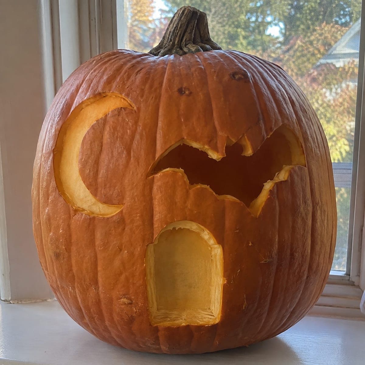 Bat and Crescent Moon Minimalist Jack-O-Lantern