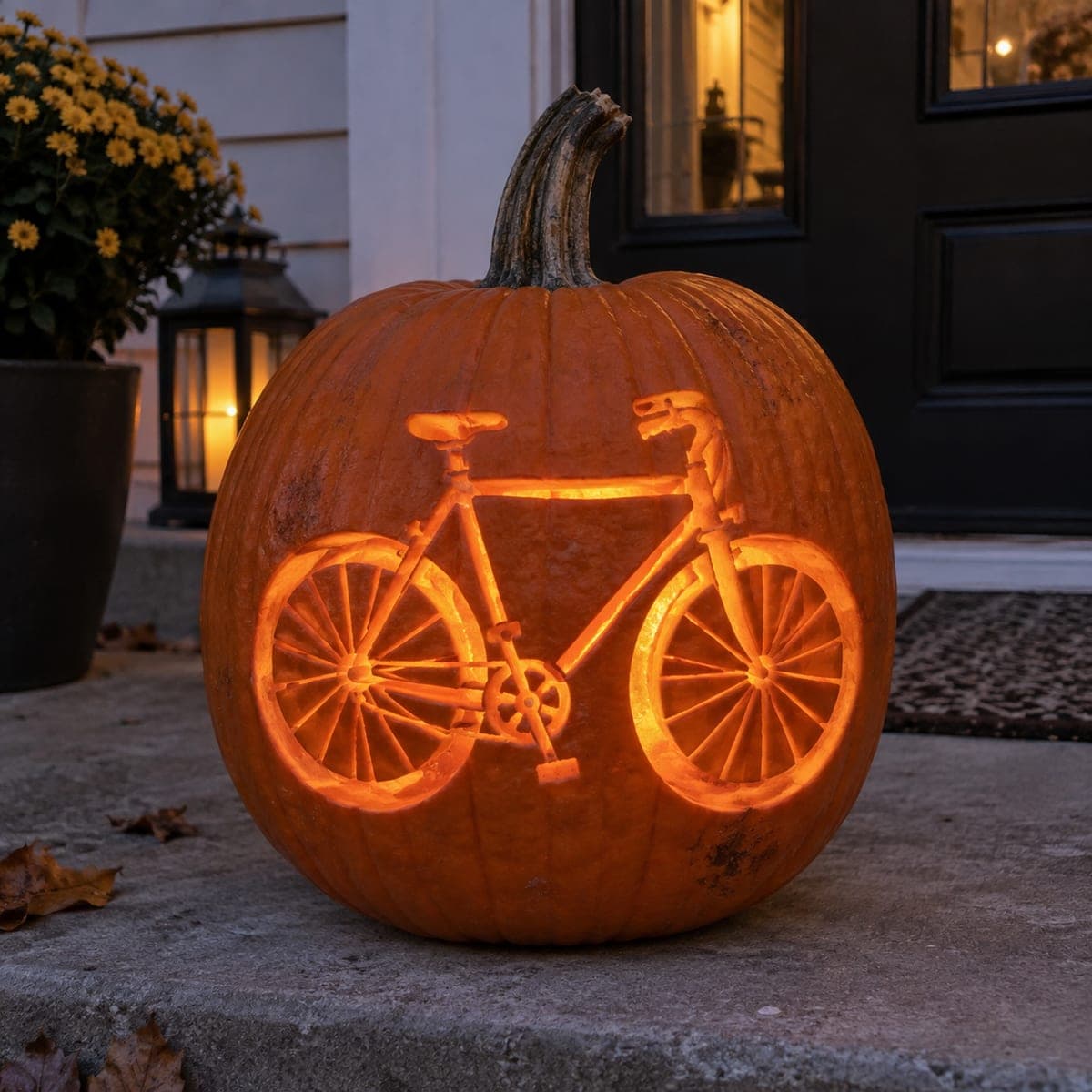 Bicycle Cutout Silhouette Pumpkin on Front Steps