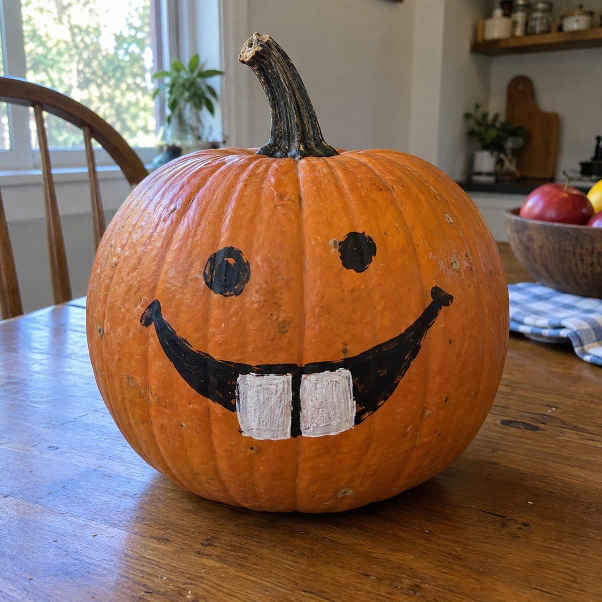 Painted Smiley Face No-Carve Pumpkin with Buck Teeth