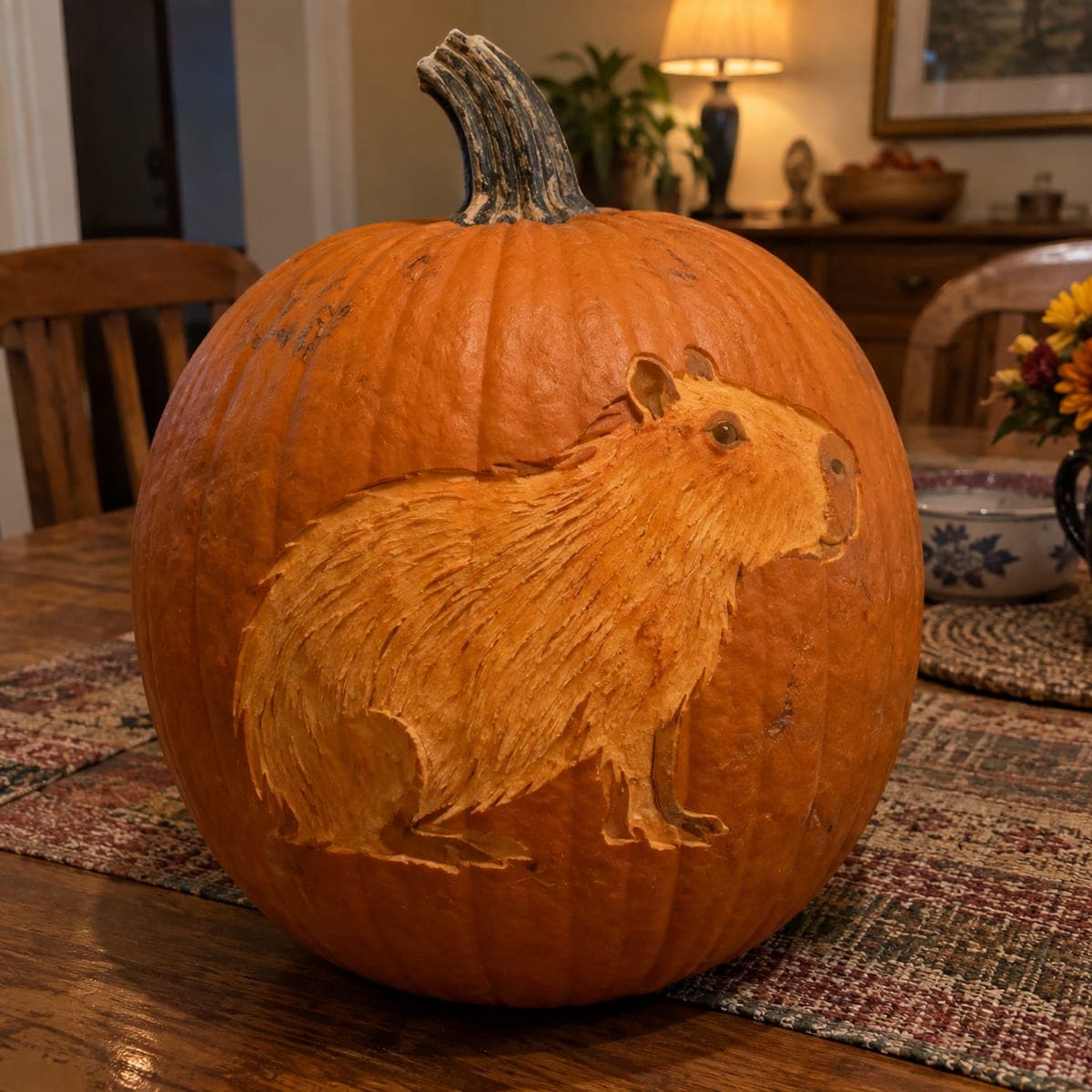 Capybara Portrait Etched Pumpkin Carving Idea