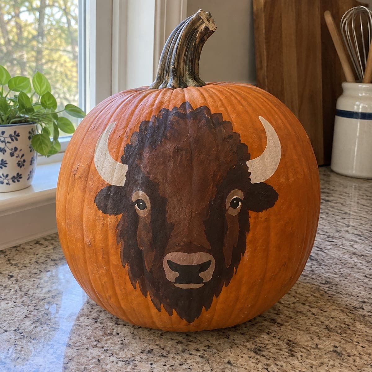 Painted Bison Head No-Carve Pumpkin with White Horns
