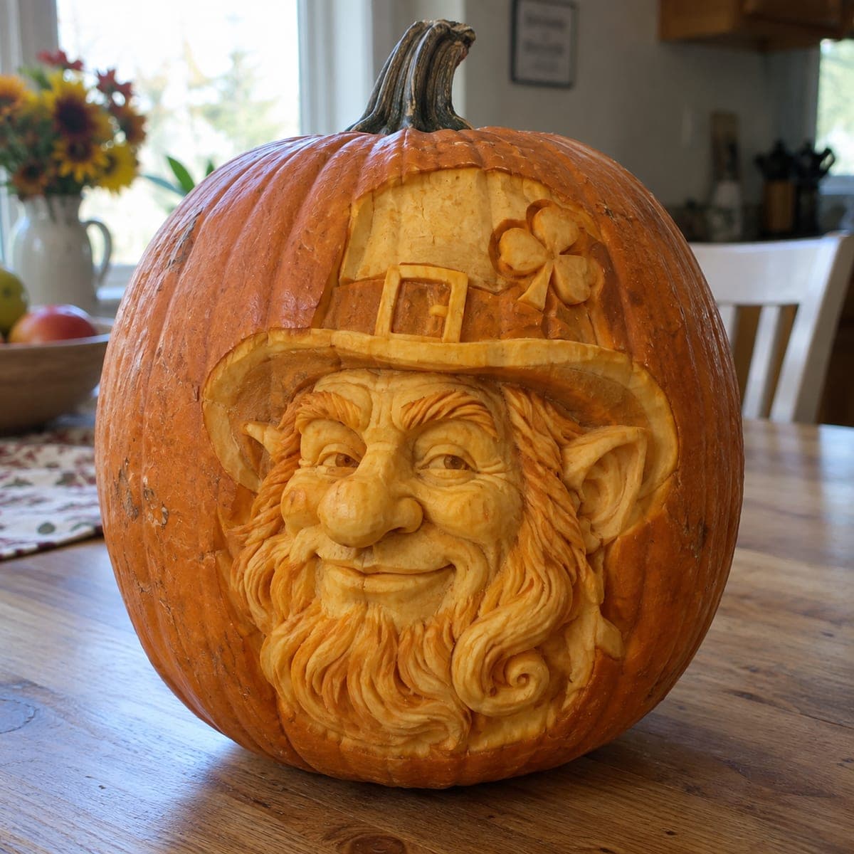Leprechaun Face Carved Pumpkin with Shamrock Hat