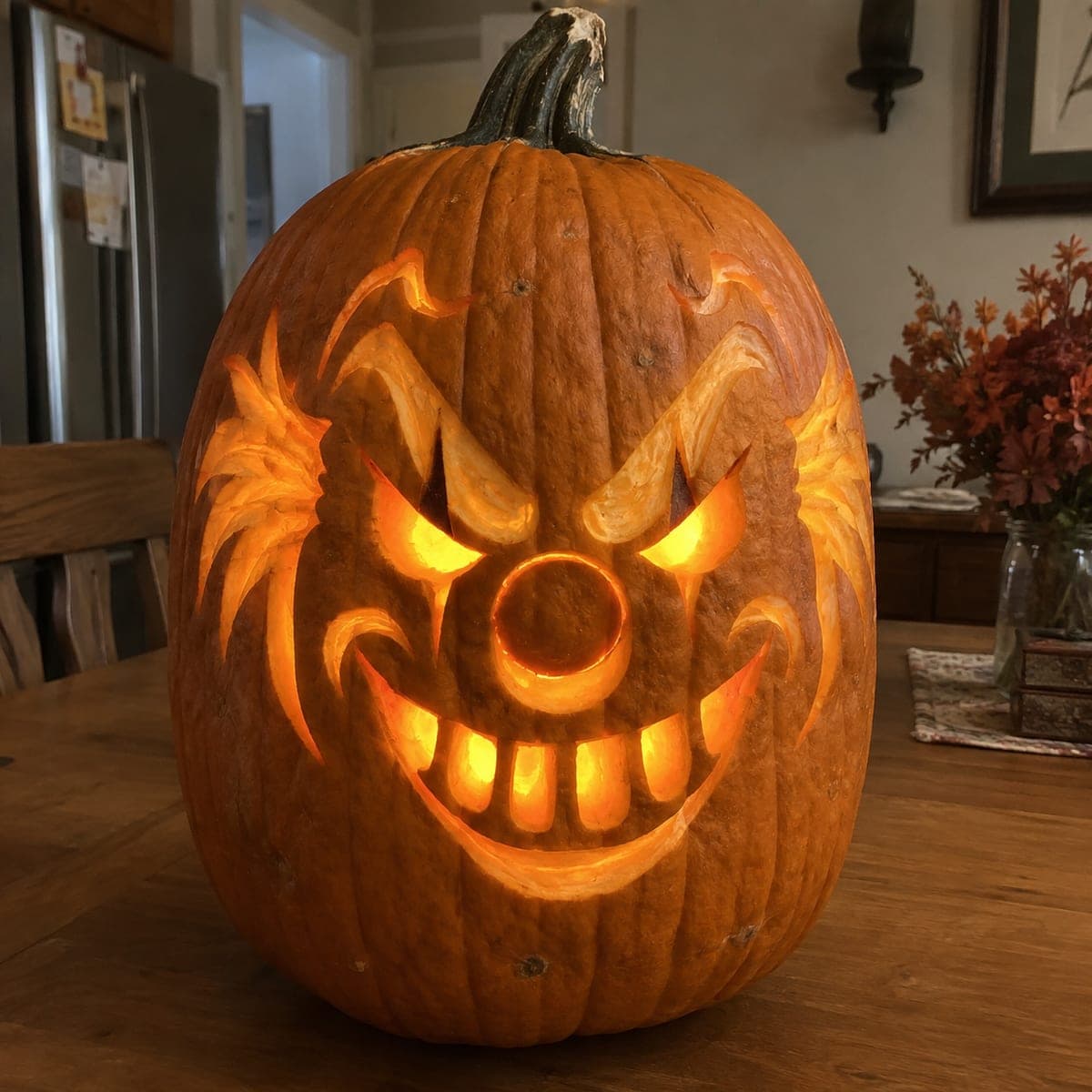 Evil Clown Grinning Jack-O-Lantern with Swirl Eyes