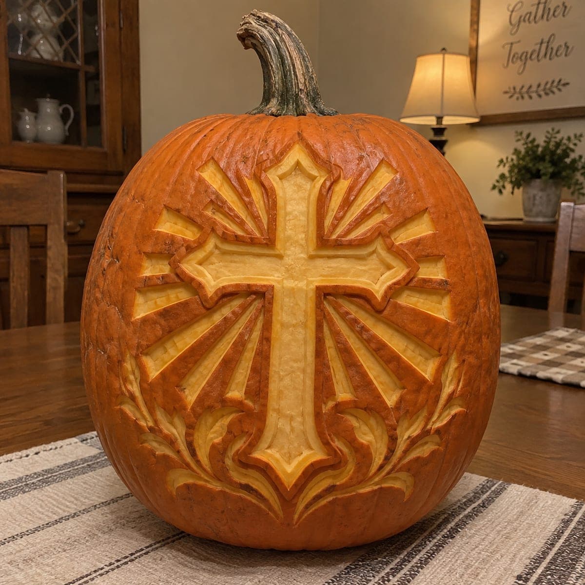 Radiant Cross Carved Pumpkin with Sunburst Design