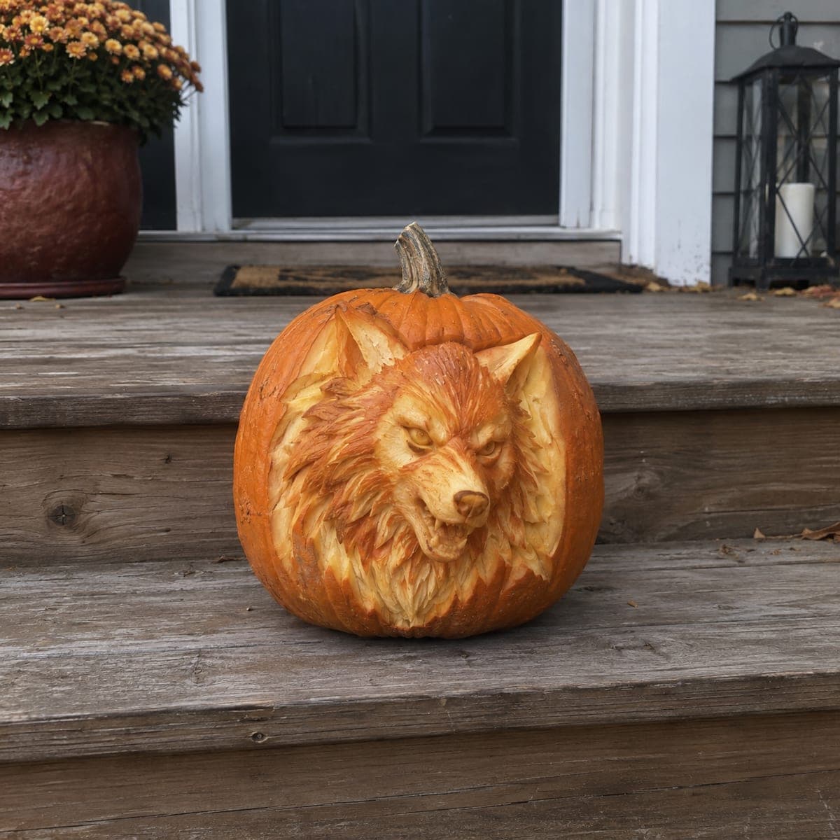 Fierce Wolf Portrait Shaded Pumpkin on Front Steps