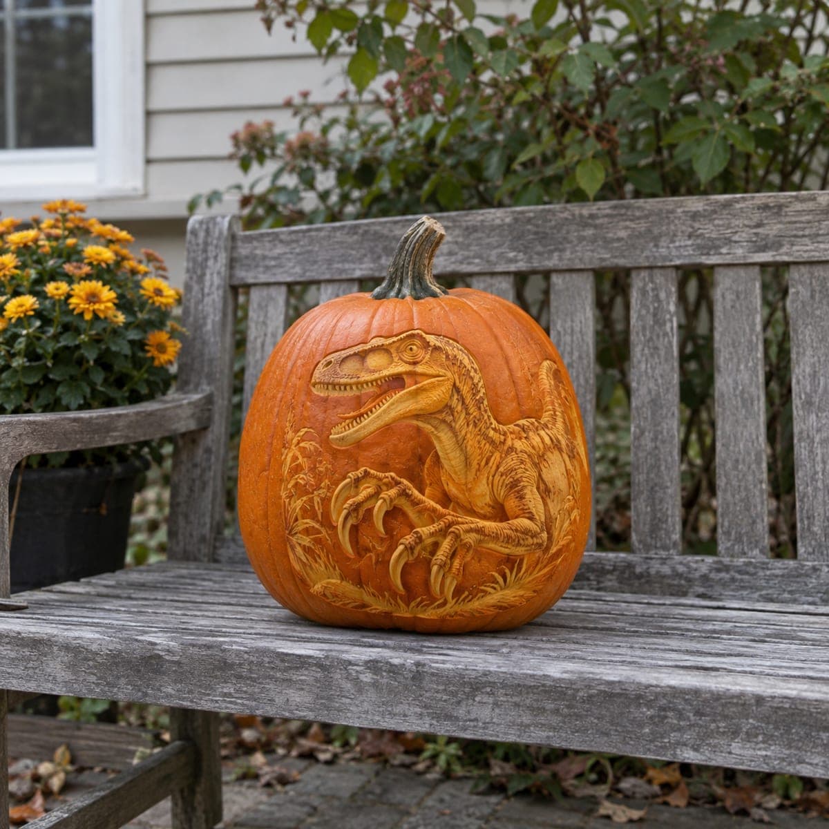 Velociraptor Emerging from Jungle Shaded Pumpkin
