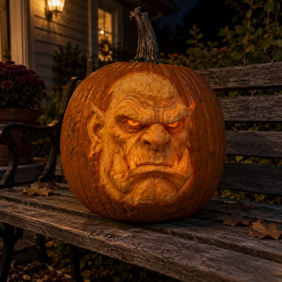 Angry Orc Face Carved Pumpkin Glowing from Within