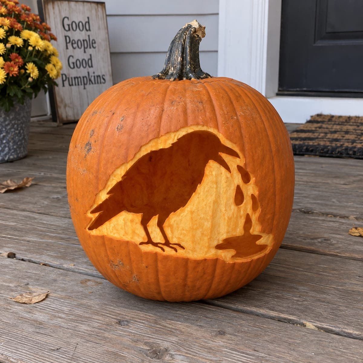 Raven Dripping Cutout Pumpkin on a Front Porch