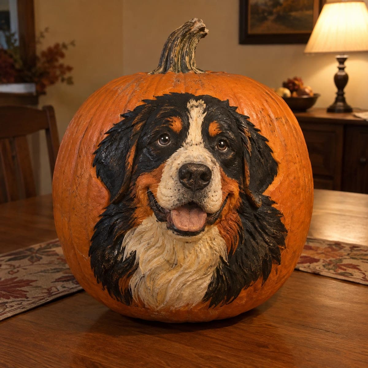 Bernese Mountain Dog Painted Pumpkin Portrait