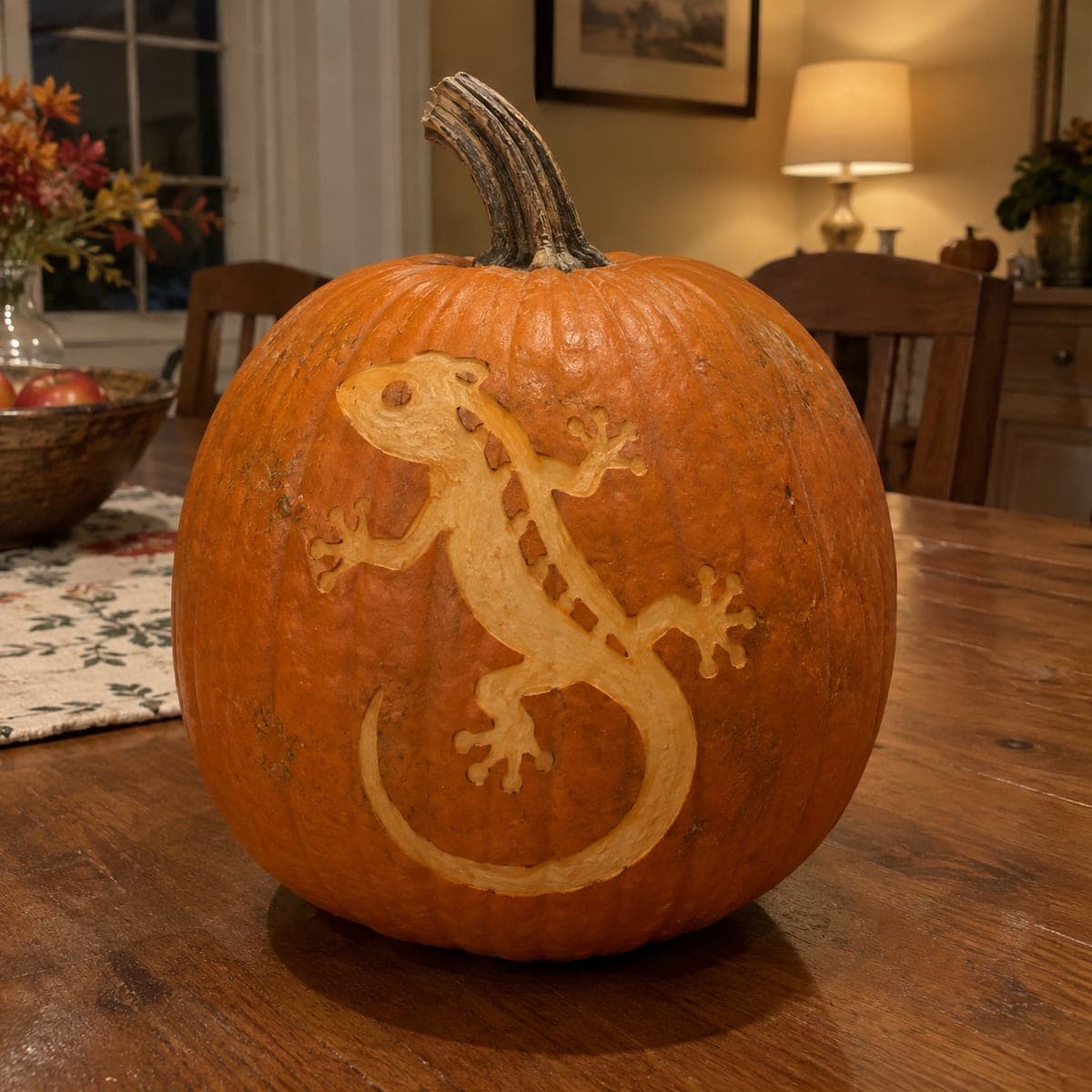 Etched Gecko Pumpkin With Curling Lizard Tail