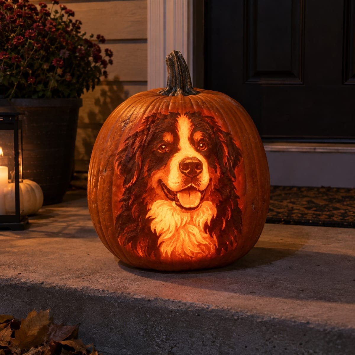 Bernese Mountain Dog Etched Pumpkin Portrait