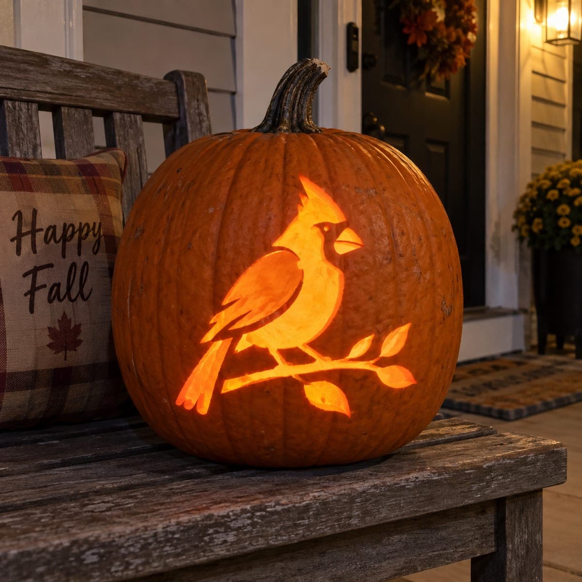 Cardinal on a Branch Glowing Pumpkin Carving