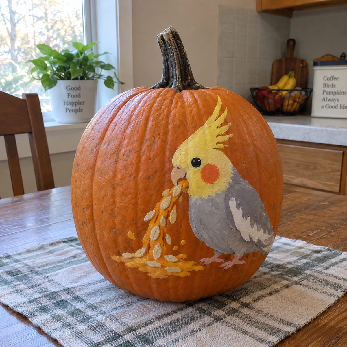 Painted Cockatiel Pumpkin With Spilled Seeds
