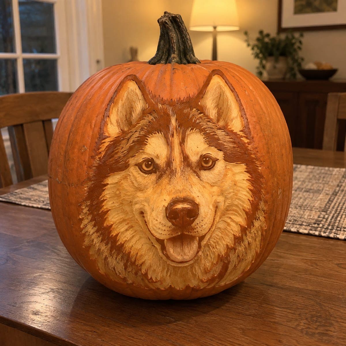 Realistic Siberian Husky Face Painted Pumpkin