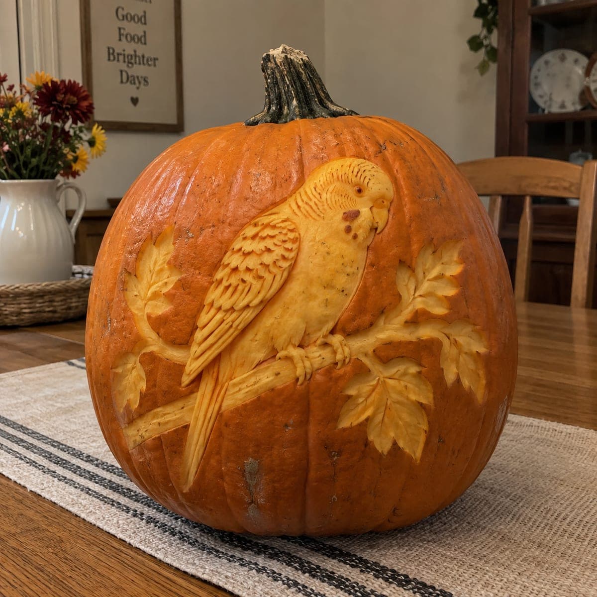 Perched Budgie Parakeet Relief Carved Pumpkin