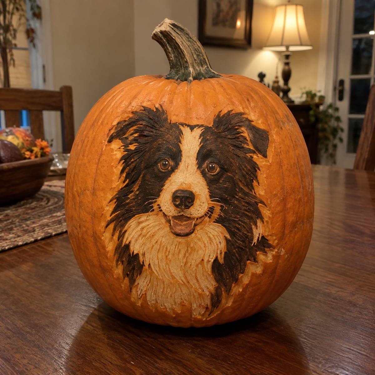 Lifelike Border Collie Painted Pumpkin Portrait