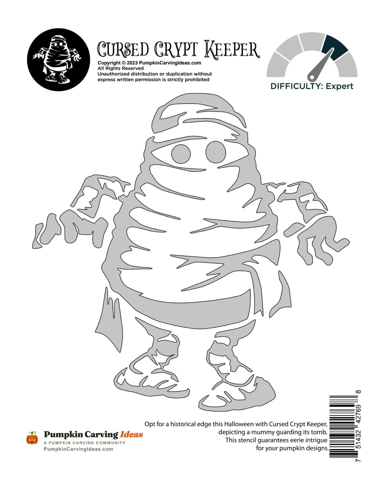 Sculpting Pattern Mummy Pumpkin Stencil | Cursed Crypt Keeper Carving